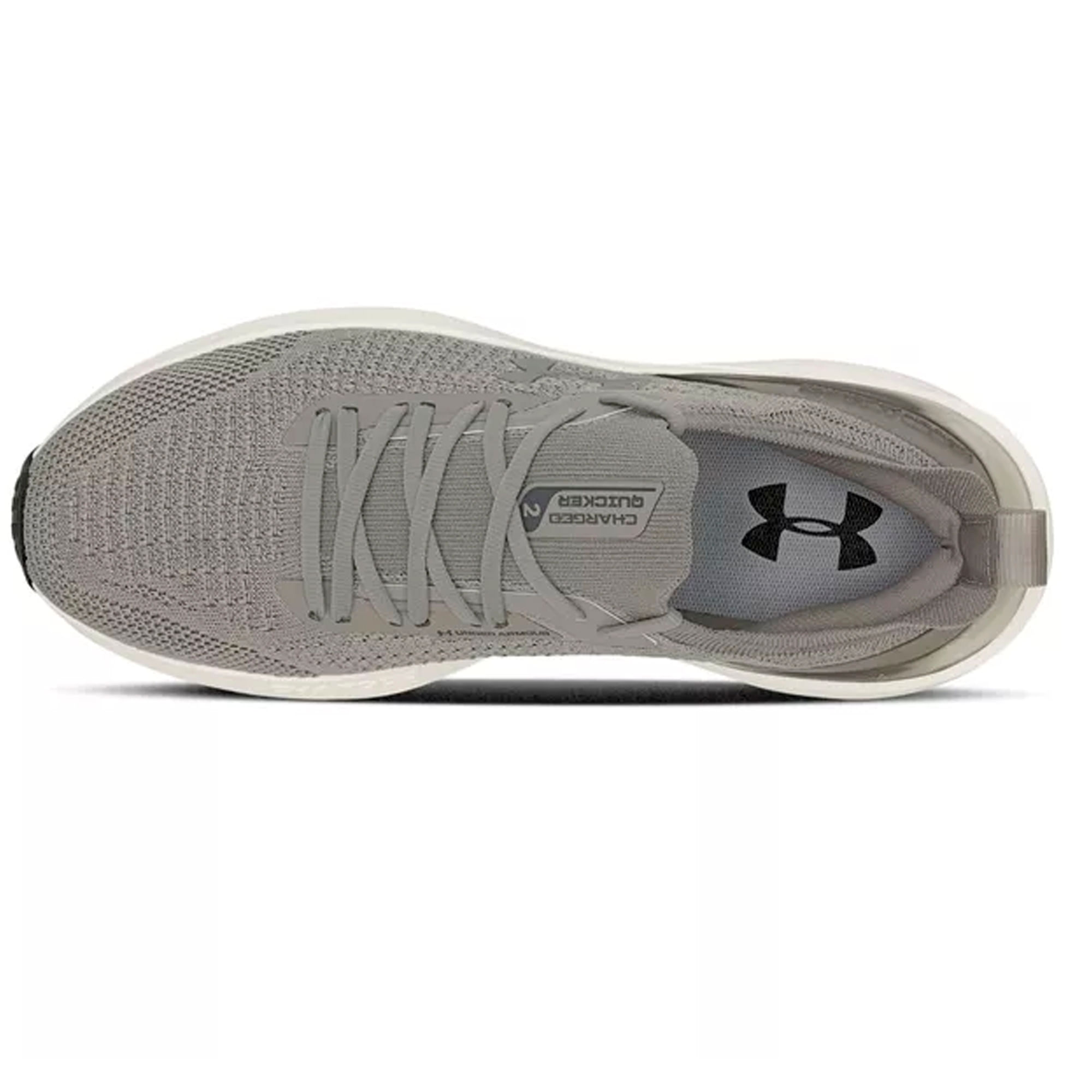 Tênis Under Armour Charged Quicker Masculino cinza visto de frente mostrando malha respirável e sola branca